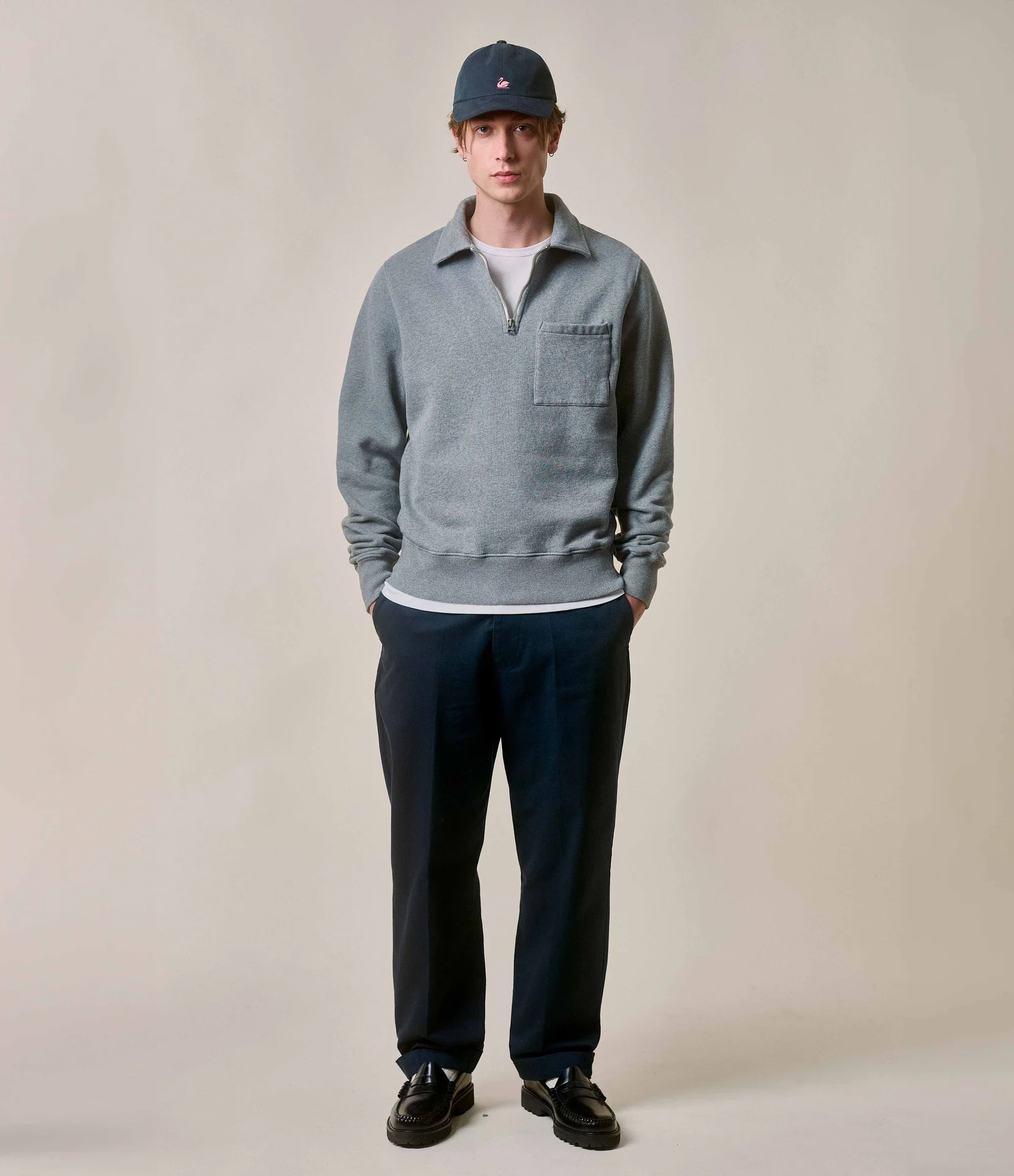 Cropped Vintage Fleece Polo Collared Half-Zip Sweatshirt with Brushed Interior - Image 4